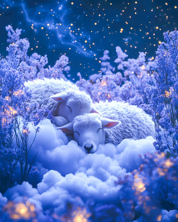 Gentle pastel tones depicting twin lambs nestled peacefully on fluffy clouds, surrounded by delicate purple blooms beneath a shimmering starry sky, evokiの写真素材