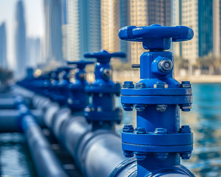 An intricate blue valve fixture against a skyline backdrop highlights industrial urban infrastructure and modern engineering craftsmanship.の写真素材