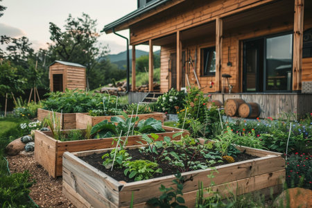 Rustic wooden raised beds for growing plants, herbs, and vegetables in modern countryside gardenの写真素材