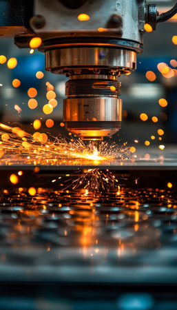 A high-precision laser device slices through metal, emitting fiery sparks that illuminate the bustling workshop, capturing skilled craftsmanship and iの写真素材