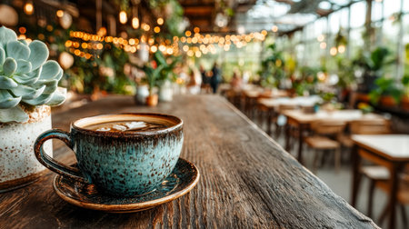 A detailed view of a handcrafted ceramic mug showcasing intricate latte art, set against a weathered wooden surface in an inviting caf? ambiance filleの写真素材