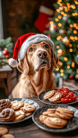 A cheerful retriever dons a festive Santa hat amid holiday treats and a glowing evergreen, capturing warm seasonal joy and cozy indoor celebration.の写真素材