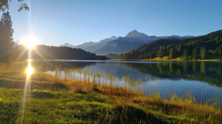 Sunny sunset at zittauerhuette refuge, gerlossee, pinzgau, salzburg, austria - mountain lake viewの写真素材