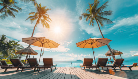 Luxury beach resort hotel swimming pool, palm trees, sunny sky - happy tourism holidayの写真素材