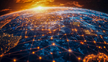 A vibrant depiction of a glowing global web with interconnected nodes spreading across the planet's...