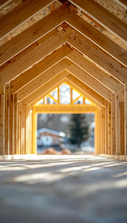 Light filters through a raw wooden building skeleton, highlighting curved rafters and early-stage...