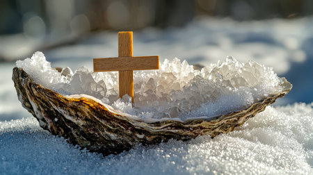 A weathered wooden cross rests within a raw shell of ice on snow, evoking spiritual resilience and hope in the harshness of winter's embrace.の写真素材