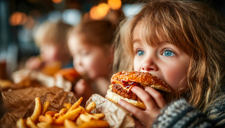 Smiling young girl savoring a juicy burger paired with crispy fries, seated in a cozy, informal eatery with warm natural light.の写真素材