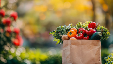 A paper bag brimming with vibrant vegetables rests against a softly blurred outdoor setting, evoking freshness and healthy living.の写真素材
