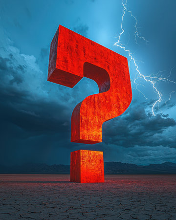 A colossal crimson punctuation symbol stands amid a turbulent, darkened desert environment, evoking curiosity and dramatic tension in stark natural scの写真素材
