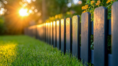 Sunlit yellow blossoms sway beside a textured wooden barrier, creating a cheerful and warm atmosphere ideal for springtime or outdoor nature themes.の写真素材