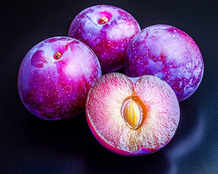 Bright purple apples adorned with starry, galaxy-inspired swirls, one sliced open to showcase succulent flesh and sparkling seeds inside.の写真素材