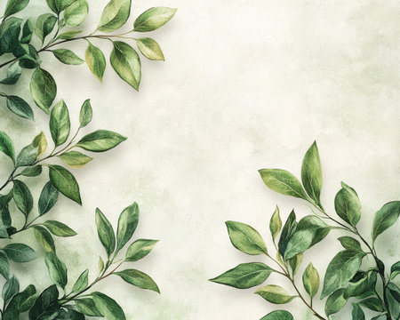Vibrant green foliage with detailed leaf textures spread across a subtle light-toned backdrop, evoking freshness and natural elegance.の写真素材