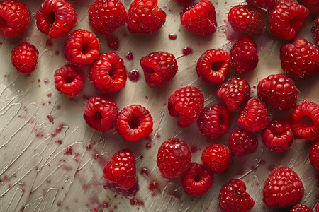 Fresh sweet red raspberries in a high frame top view high quality image for sale