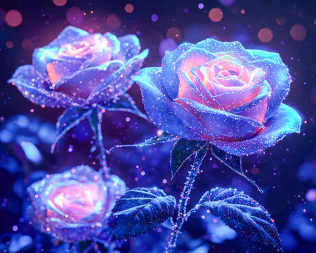 Vibrant illuminated roses with shimmering light accents create a magical, romantic atmosphere ideal for festive, decorative, or artistic projects.の写真素材