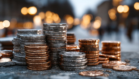 Diverse coin arrangements rest on a city pavement, illuminated by distant luminous signs, evoking themes of wealth, urban finance, and economic growthの写真素材