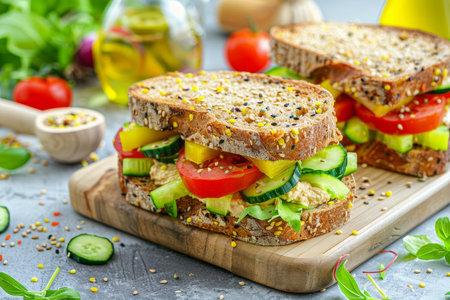 Nutritious hummus and mixed vegetable sandwich on multi-grain bread with fresh, colorful veggiesの写真素材