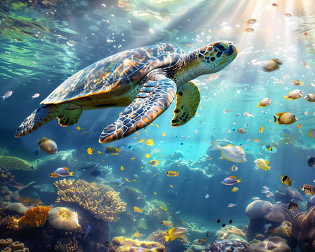 Vibrant underwater scene with diverse marine life and majestic turtle in ocean depthsの写真素材