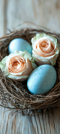 Softly lit eggs rest amidst twigs and lush roses, evoking gentle renewal and blooming innocence for nature or springtime themes.の写真素材