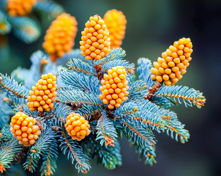 A detailed shot highlighting vibrant yellow seed clusters nestled among lush blue-green needles, evoking a sense of nature's subtle elegance.の写真素材