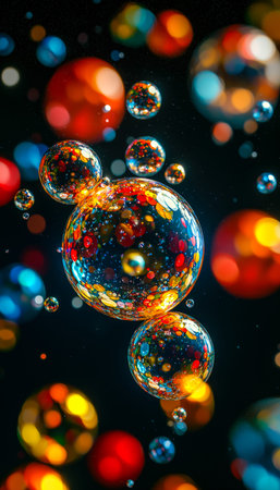 Vibrant multicolored spheres glow softly, drifting through a deep, starless void, creating a...