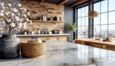 A stylish kitchen with sleek marble surfaces, warm wooden details, and expansive windows that flood the space with natural sunlight, creating a welcomeの写真素材