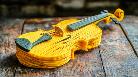 A playful, artistic arrangement of a violin made from yellow pasta on a textured wooden backdrop, blending musical passion with culinary creativity.の写真素材