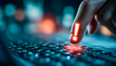 A close-up of a hand poised over a keyboard with a flashing warning icon on the monitor, highlighting cybersecurity or urgent system alerts.の写真素材