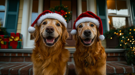 Two joyful golden retrievers with bright eyes and playful smiles relax on a decorated porch, donning festive Santa hats amid holiday cheer.の写真素材