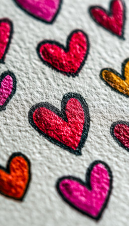 Vibrant, sketchy hearts adorn rough paper, radiating warmth and love ideal for romantic projects,...