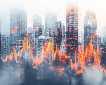 A sleek, neon-lit metropolis rises against a night sky, featuring holographic financial metrics cascading over towering modern structures.の写真素材