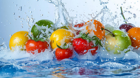 Fresh fruits and vegetables splash in clear blue water - healthy diet and freshness conceptの写真素材