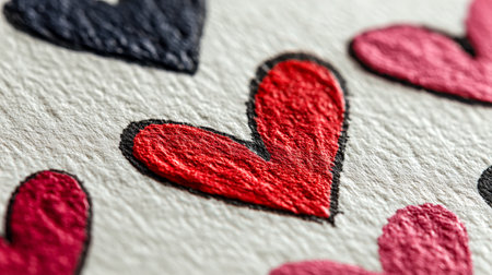 Delicate stitching creates vibrant red and pink heart motifs on a richly textured fabric, evoking warmth and romantic charm.の写真素材