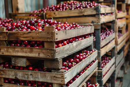 Fresh ripe cherries in wooden crates at cozy warehouse setting for rustic food advertisementの写真素材
