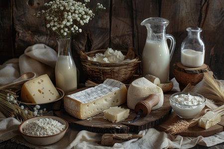 Assorted rustic milk products. cheese, milk, yogurt, cream, butter on wooden table in rustic styleの写真素材