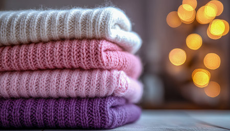 Vibrant woven sweaters neatly layered, set against a soft glow of blurred lights, evoking warmth and...