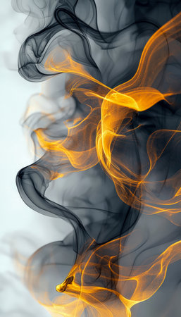 Vibrant black and orange tendrils twist and dance fluidly, forming energetic patterns that evoke motion and intensity in a striking composition.の写真素材