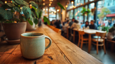 A warm, inviting mug rests on a rustic wooden surface amid vibrant cafe chatter, lush plants, and ambient natural light creating a welcoming atmosphereの写真素材