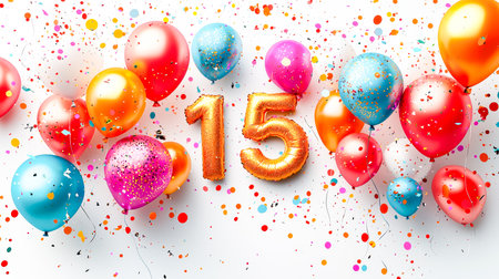 A joyful teen's milestone party scene features vibrant balloons, shimmering confetti, and festive decorations capturing a cheerful celebratory mood.の写真素材