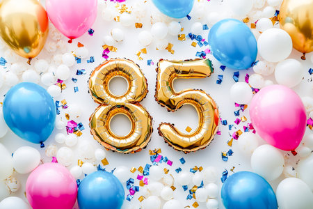 Bright gold numerals in balloons stand tall amid a vibrant collection of assorted balloons and shimmering confetti, evoking festive joy and milestoneの写真素材