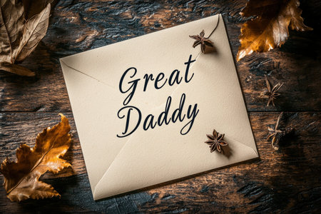 A cozy scene featuring a cream-colored envelope with a loving note, framed by vibrant fall leaves...