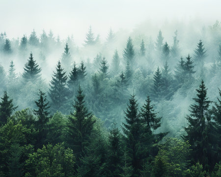 Sunny day panoramic view of coniferous forest in misty tree tops - high quality landscape photoの写真素材