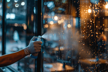 Restaurant worker cleaning window glass with disinfectants during virus outbreakの写真素材