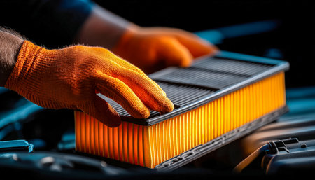 A skilled mechanic uses bright orange gloves to carefully fit a new air purifier into a vehicle?s engine bay, highlighting precision and maintenance cの写真素材