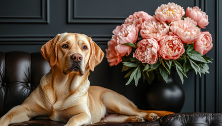 A peaceful Labrador lies near a lush pink peony bouquet, set against an elegant, modern interior that exudes refined comfort and warmth.の写真素材