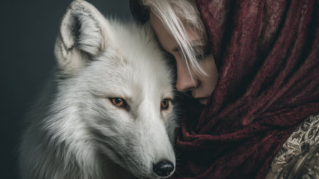 A woman in a traditional headscarf softly caresses a majestic white wolf, creating a serene connection amidst a tranquil wilderness backdrop.の写真素材