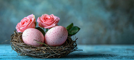 A charming arrangement featuring a handcrafted nest with delicate pink eggs, lush pink roses, and vibrant green foliage against a weathered wooden bacの写真素材