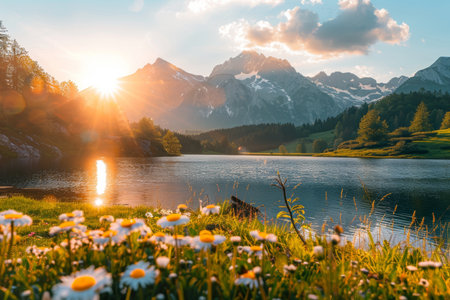 Beautiful sunset at zittauerhuette mountain refuge, lower gerlossee, pinzgau, salzburg, austriaの写真素材