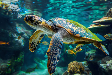 Vibrant underwater ecosystem with various marine creatures and a majestic turtleの写真素材