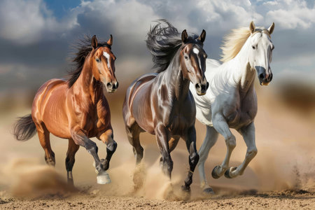 High quality image. three horses running in field, wildlife concept with copy space for print designの写真素材